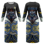 North Queensland Cowboys Couples Matching Long Sleeve Bodycon Dress and Hawaiian Shirt The Scream of Lightning Eyes - Indigenous Dot Ripping Effect