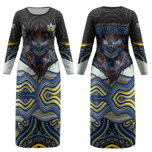 North Queensland Cowboys Couples Matching Long Sleeve Bodycon Dress and Hawaiian Shirt The Scream of Lightning Eyes - Indigenous Dot Ripping Effect