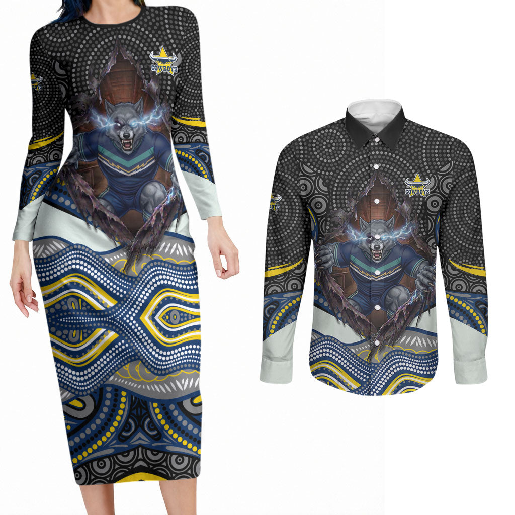 North Queensland Cowboys Couples Matching Long Sleeve Bodycon Dress and Long Sleeve Button Shirt The Scream of Lightning Eyes - Indigenous Dot Ripping Effect