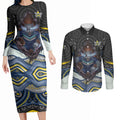 North Queensland Cowboys Couples Matching Long Sleeve Bodycon Dress and Long Sleeve Button Shirt The Scream of Lightning Eyes - Indigenous Dot Ripping Effect