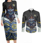North Queensland Cowboys Couples Matching Long Sleeve Bodycon Dress and Long Sleeve Button Shirt The Scream of Lightning Eyes - Indigenous Dot Ripping Effect