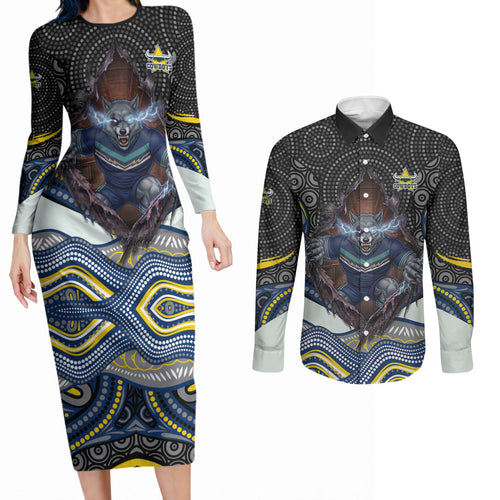 North Queensland Cowboys Couples Matching Long Sleeve Bodycon Dress and Long Sleeve Button Shirt The Scream of Lightning Eyes - Indigenous Dot Ripping Effect