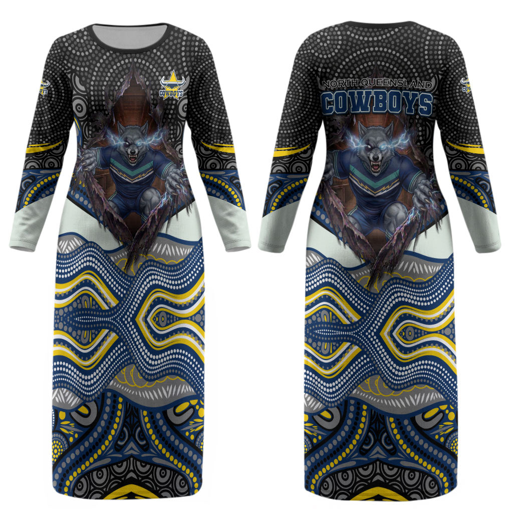 North Queensland Cowboys Couples Matching Long Sleeve Bodycon Dress and Long Sleeve Button Shirt The Scream of Lightning Eyes - Indigenous Dot Ripping Effect