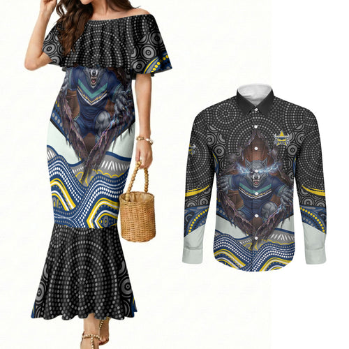 North Queensland Cowboys Couples Matching Mermaid Dress and Long Sleeve Button Shirt The Scream of Lightning Eyes - Indigenous Dot Ripping Effect