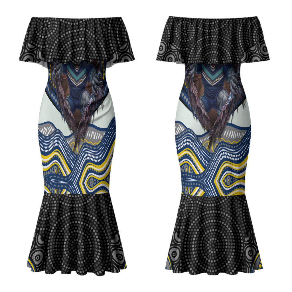 North Queensland Cowboys Couples Matching Mermaid Dress and Long Sleeve Button Shirt The Scream of Lightning Eyes - Indigenous Dot Ripping Effect