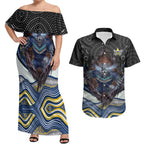 North Queensland Cowboys Couples Matching Off Shoulder Maxi Dress and Hawaiian Shirt The Scream of Lightning Eyes - Indigenous Dot Ripping Effect