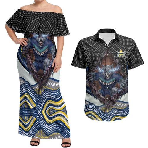 North Queensland Cowboys Couples Matching Off Shoulder Maxi Dress and Hawaiian Shirt The Scream of Lightning Eyes - Indigenous Dot Ripping Effect