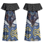 North Queensland Cowboys Couples Matching Off Shoulder Maxi Dress and Hawaiian Shirt The Scream of Lightning Eyes - Indigenous Dot Ripping Effect