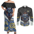 North Queensland Cowboys Couples Matching Off Shoulder Maxi Dress and Long Sleeve Button Shirt The Scream of Lightning Eyes - Indigenous Dot Ripping Effect