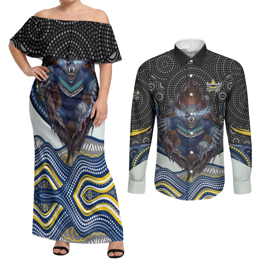 North Queensland Cowboys Couples Matching Off Shoulder Maxi Dress and Long Sleeve Button Shirt The Scream of Lightning Eyes - Indigenous Dot Ripping Effect