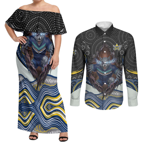 North Queensland Cowboys Couples Matching Off Shoulder Maxi Dress and Long Sleeve Button Shirt The Scream of Lightning Eyes - Indigenous Dot Ripping Effect