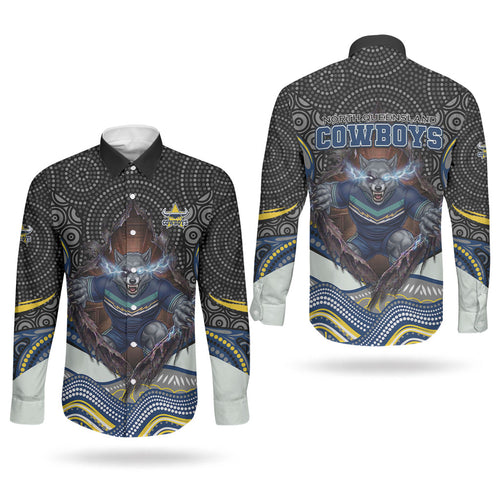 North Queensland Cowboys Couples Matching Off Shoulder Maxi Dress and Long Sleeve Button Shirt The Scream of Lightning Eyes - Indigenous Dot Ripping Effect