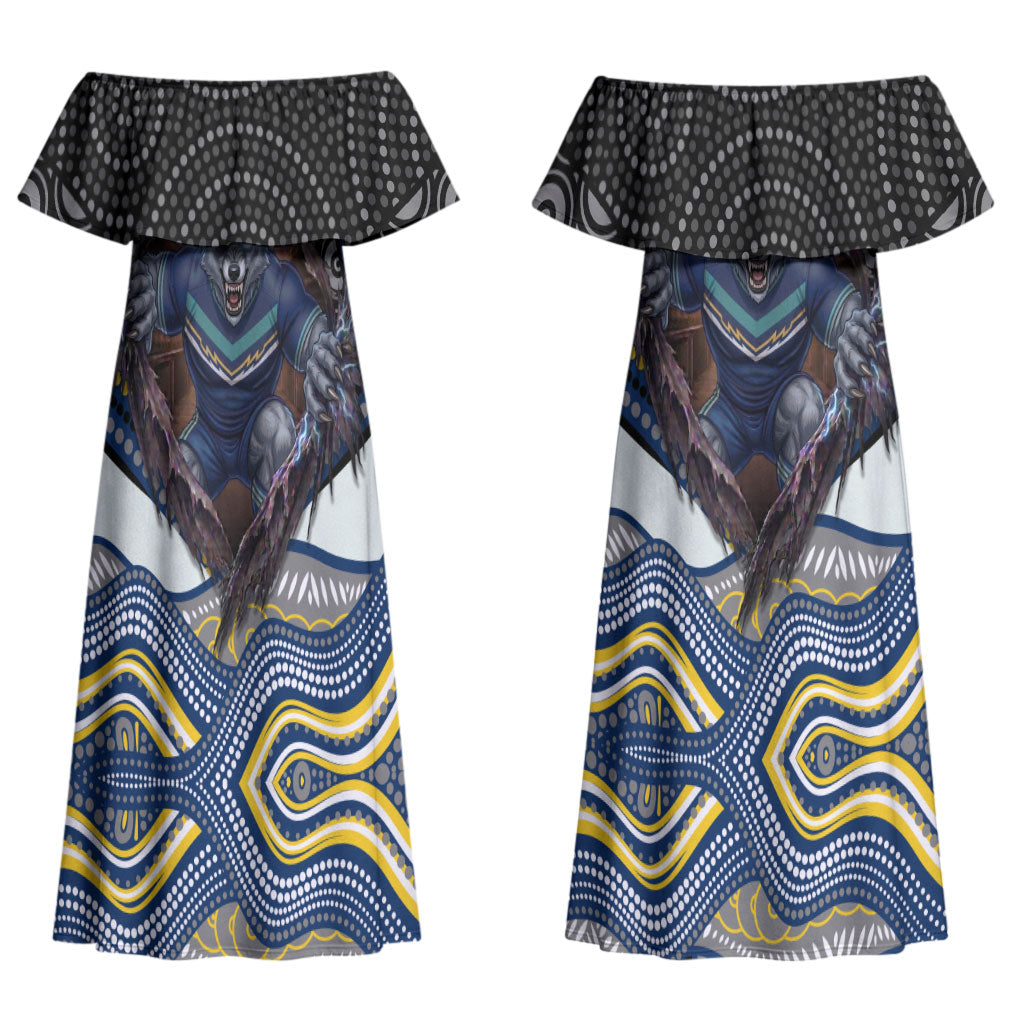 North Queensland Cowboys Couples Matching Off Shoulder Maxi Dress and Long Sleeve Button Shirt The Scream of Lightning Eyes - Indigenous Dot Ripping Effect