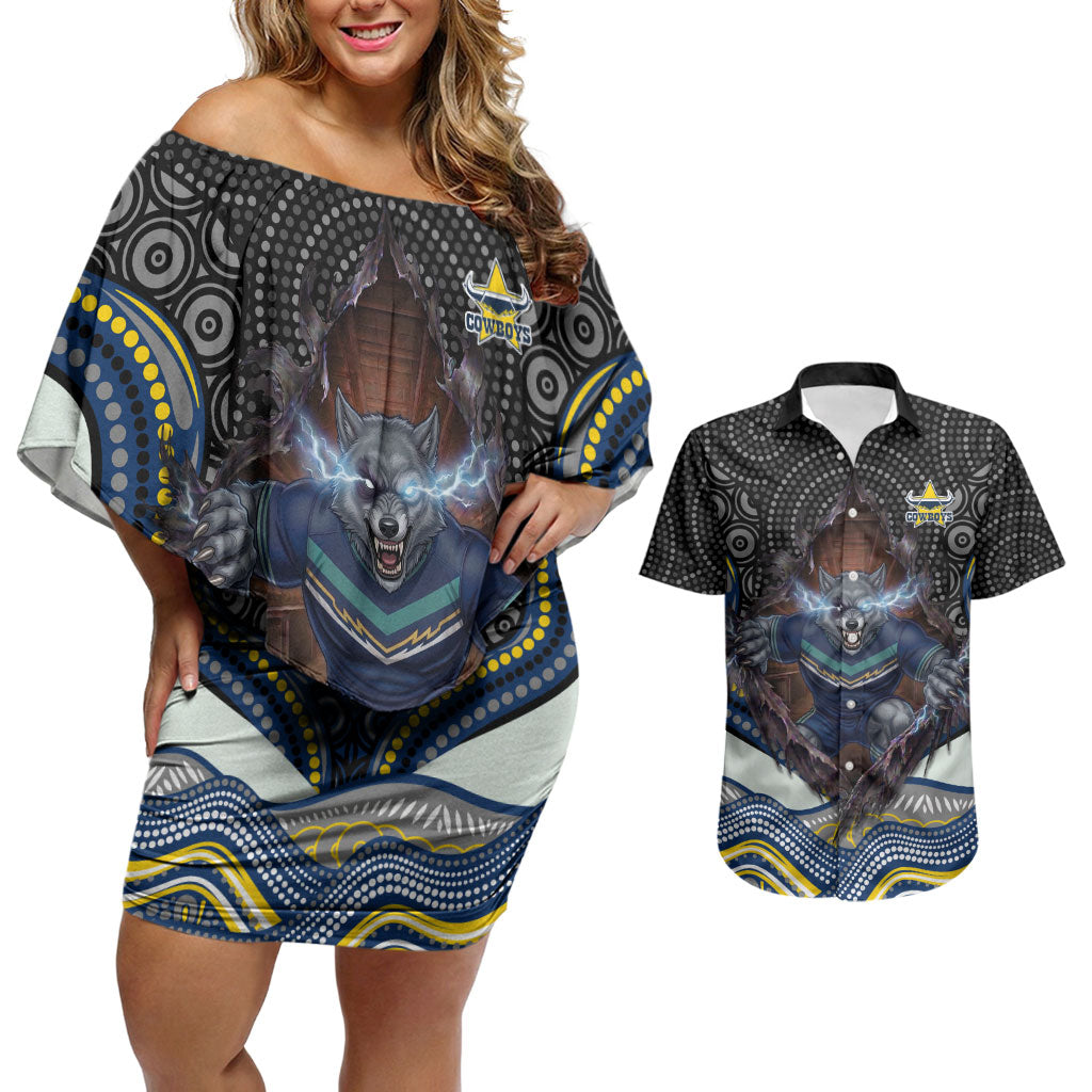 North Queensland Cowboys Couples Matching Off Shoulder Short Dress and Hawaiian Shirt The Scream of Lightning Eyes - Indigenous Dot Ripping Effect