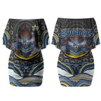 North Queensland Cowboys Couples Matching Off Shoulder Short Dress and Hawaiian Shirt The Scream of Lightning Eyes - Indigenous Dot Ripping Effect