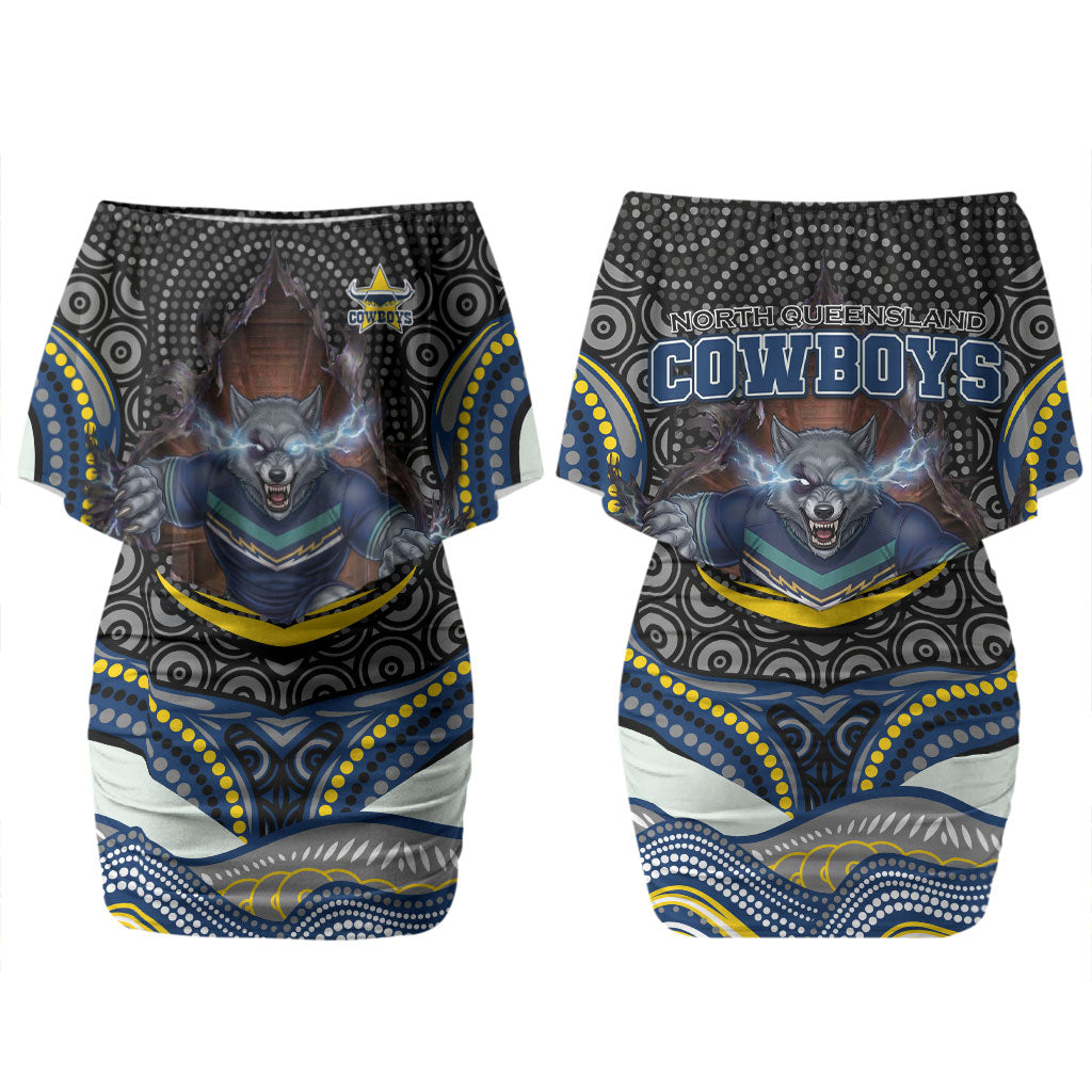 North Queensland Cowboys Couples Matching Off Shoulder Short Dress and Hawaiian Shirt The Scream of Lightning Eyes - Indigenous Dot Ripping Effect
