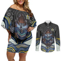 North Queensland Cowboys Couples Matching Off Shoulder Short Dress and Long Sleeve Button Shirt The Scream of Lightning Eyes - Indigenous Dot Ripping Effect