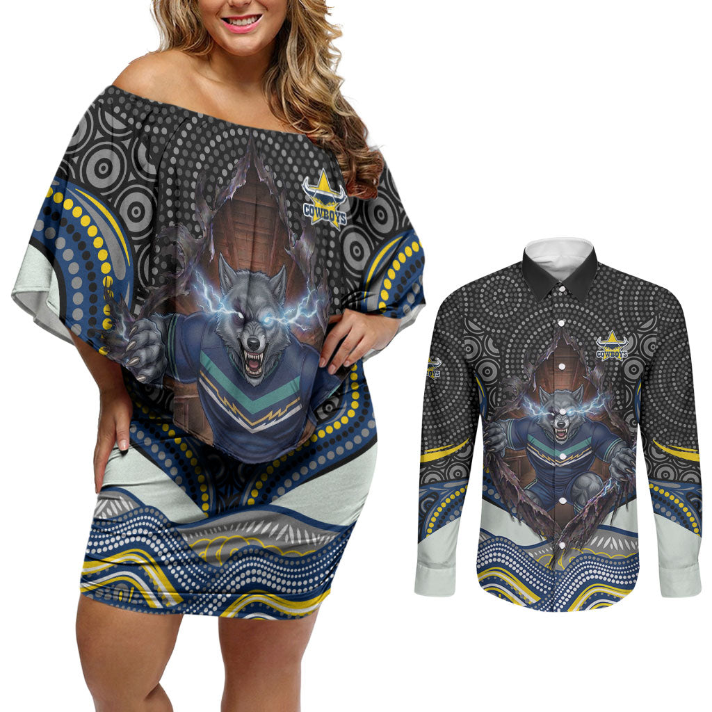 North Queensland Cowboys Couples Matching Off Shoulder Short Dress and Long Sleeve Button Shirt The Scream of Lightning Eyes - Indigenous Dot Ripping Effect