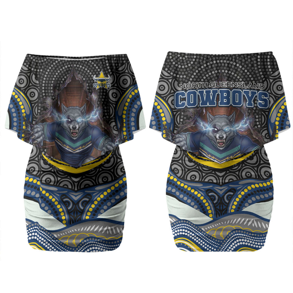 North Queensland Cowboys Couples Matching Off Shoulder Short Dress and Long Sleeve Button Shirt The Scream of Lightning Eyes - Indigenous Dot Ripping Effect