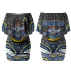 North Queensland Cowboys Couples Matching Off Shoulder Short Dress and Long Sleeve Button Shirt The Scream of Lightning Eyes - Indigenous Dot Ripping Effect