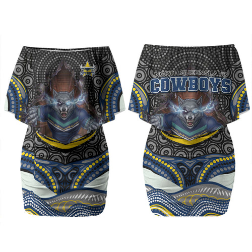 North Queensland Cowboys Couples Matching Off Shoulder Short Dress and Long Sleeve Button Shirt The Scream of Lightning Eyes - Indigenous Dot Ripping Effect