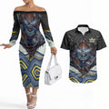North Queensland Cowboys Couples Matching Off The Shoulder Long Sleeve Dress and Hawaiian Shirt The Scream of Lightning Eyes - Indigenous Dot Ripping Effect