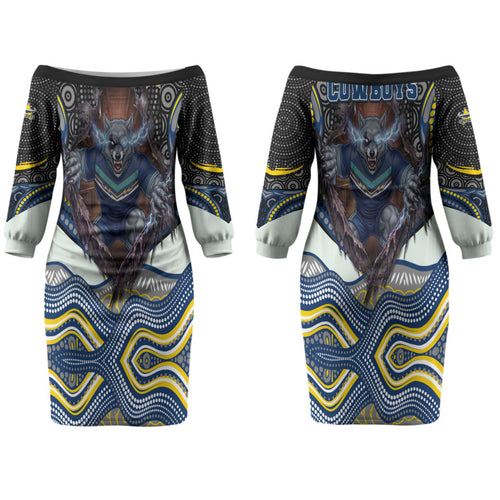 North Queensland Cowboys Couples Matching Off The Shoulder Long Sleeve Dress and Hawaiian Shirt The Scream of Lightning Eyes - Indigenous Dot Ripping Effect