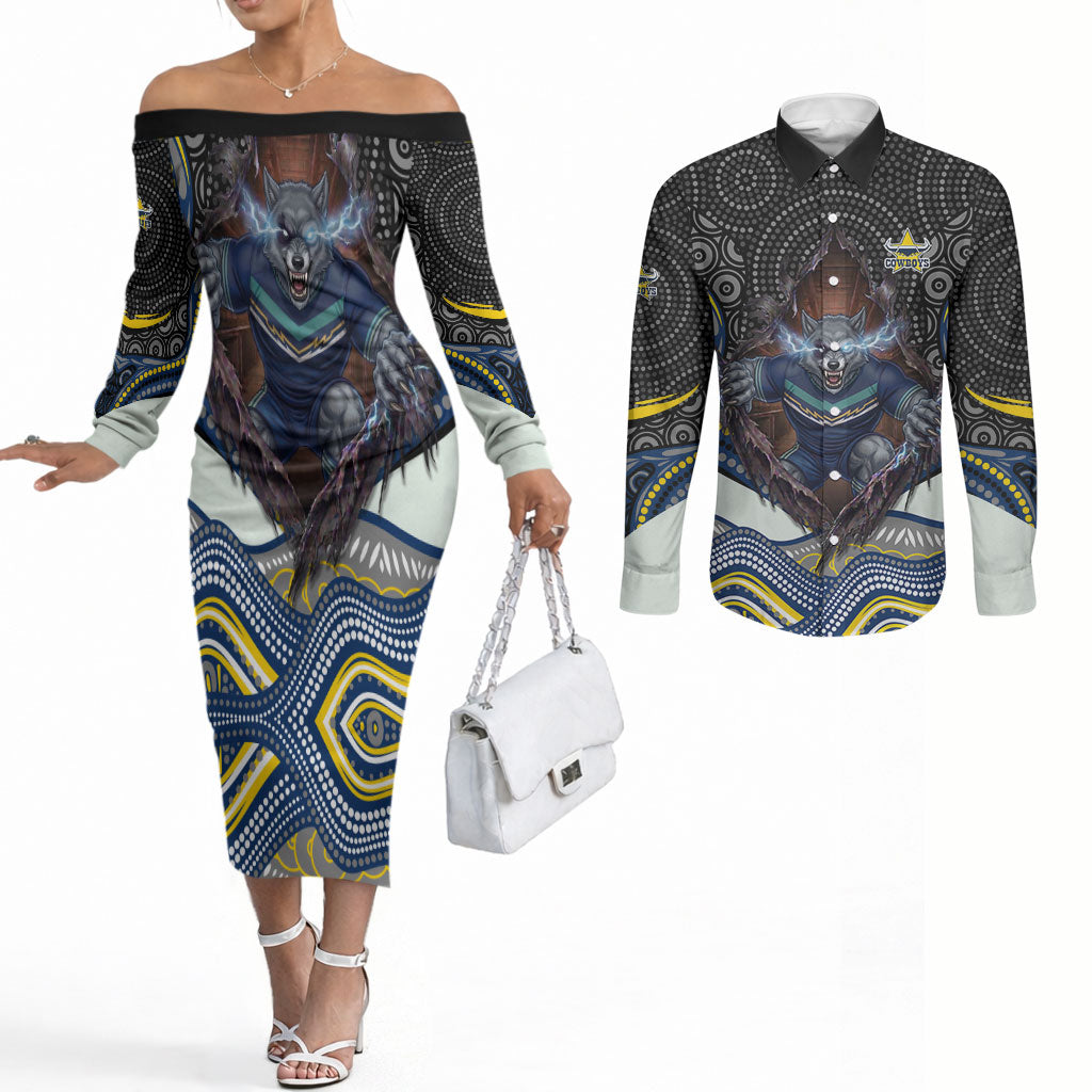 North Queensland Cowboys Couples Matching Off The Shoulder Long Sleeve Dress and Long Sleeve Button Shirt The Scream of Lightning Eyes - Indigenous Dot Ripping Effect