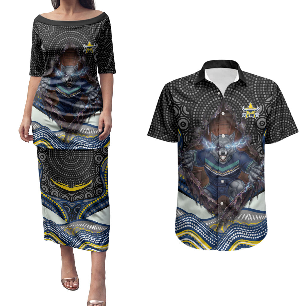 North Queensland Cowboys Couples Matching Puletasi and Hawaiian Shirt The Scream of Lightning Eyes - Indigenous Dot Ripping Effect