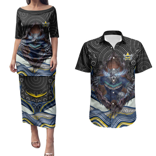 North Queensland Cowboys Couples Matching Puletasi and Hawaiian Shirt The Scream of Lightning Eyes - Indigenous Dot Ripping Effect