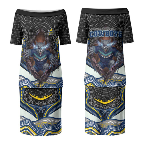 North Queensland Cowboys Couples Matching Puletasi and Hawaiian Shirt The Scream of Lightning Eyes - Indigenous Dot Ripping Effect