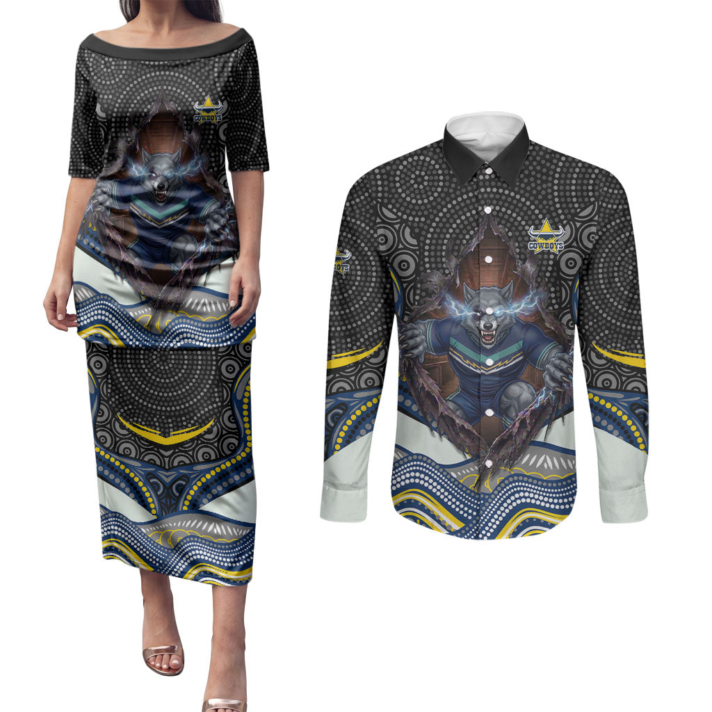 North Queensland Cowboys Couples Matching Puletasi and Long Sleeve Button Shirt The Scream of Lightning Eyes - Indigenous Dot Ripping Effect