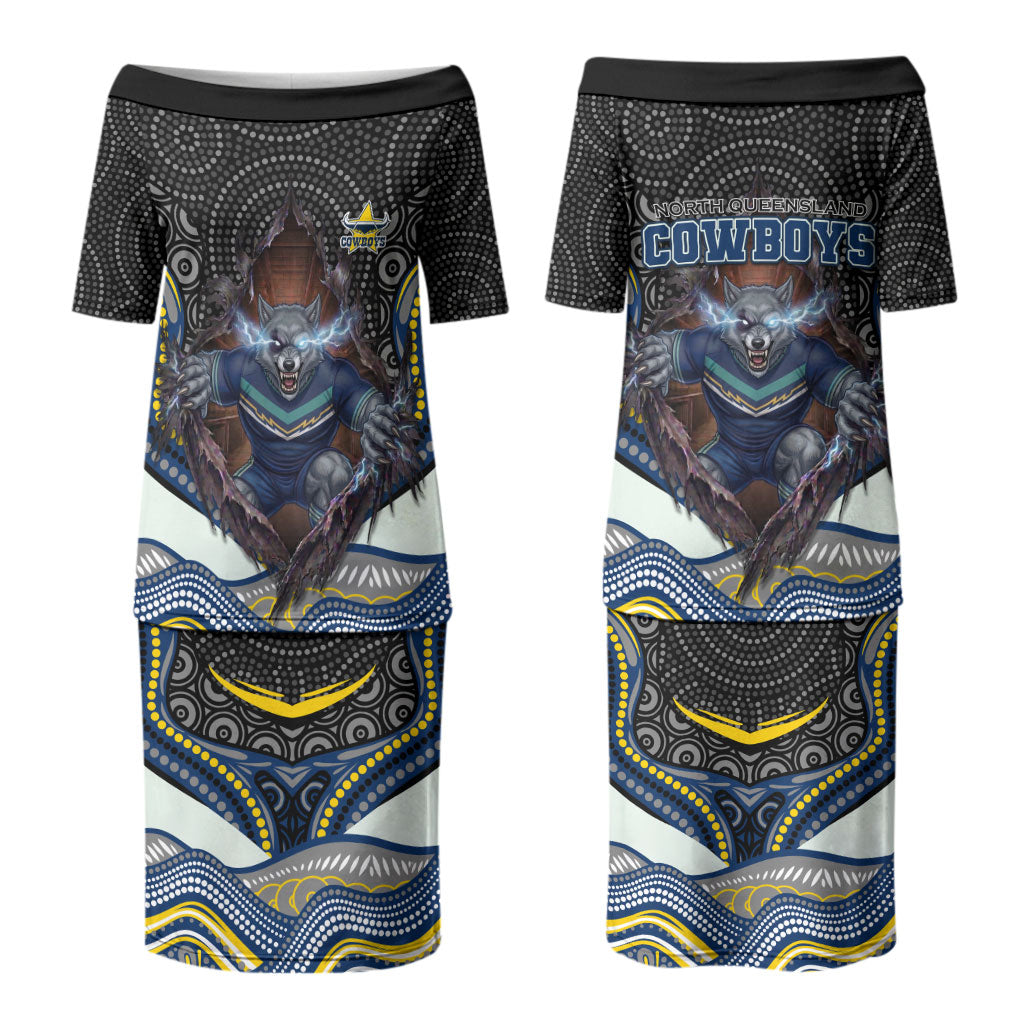 North Queensland Cowboys Couples Matching Puletasi and Long Sleeve Button Shirt The Scream of Lightning Eyes - Indigenous Dot Ripping Effect