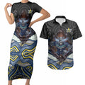 North Queensland Cowboys Couples Matching Short Sleeve Bodycon Dress and Hawaiian Shirt The Scream of Lightning Eyes - Indigenous Dot Ripping Effect