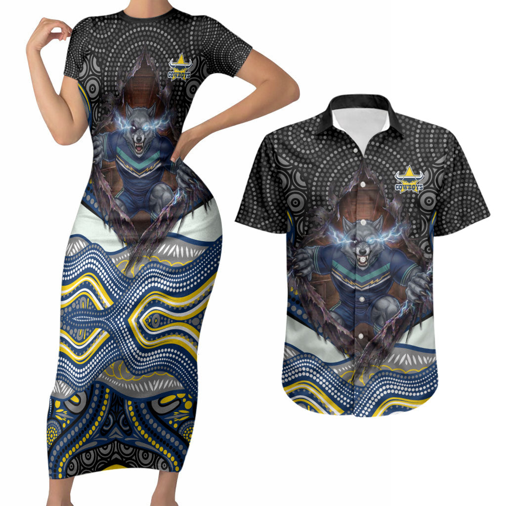 North Queensland Cowboys Couples Matching Short Sleeve Bodycon Dress and Hawaiian Shirt The Scream of Lightning Eyes - Indigenous Dot Ripping Effect