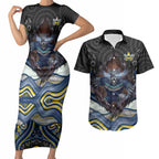 North Queensland Cowboys Couples Matching Short Sleeve Bodycon Dress and Hawaiian Shirt The Scream of Lightning Eyes - Indigenous Dot Ripping Effect