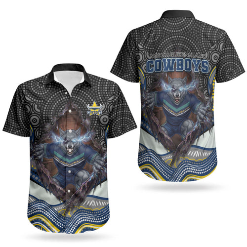 North Queensland Cowboys Couples Matching Short Sleeve Bodycon Dress and Hawaiian Shirt The Scream of Lightning Eyes - Indigenous Dot Ripping Effect