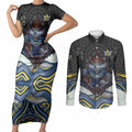 North Queensland Cowboys Couples Matching Short Sleeve Bodycon Dress and Long Sleeve Button Shirt The Scream of Lightning Eyes - Indigenous Dot Ripping Effect