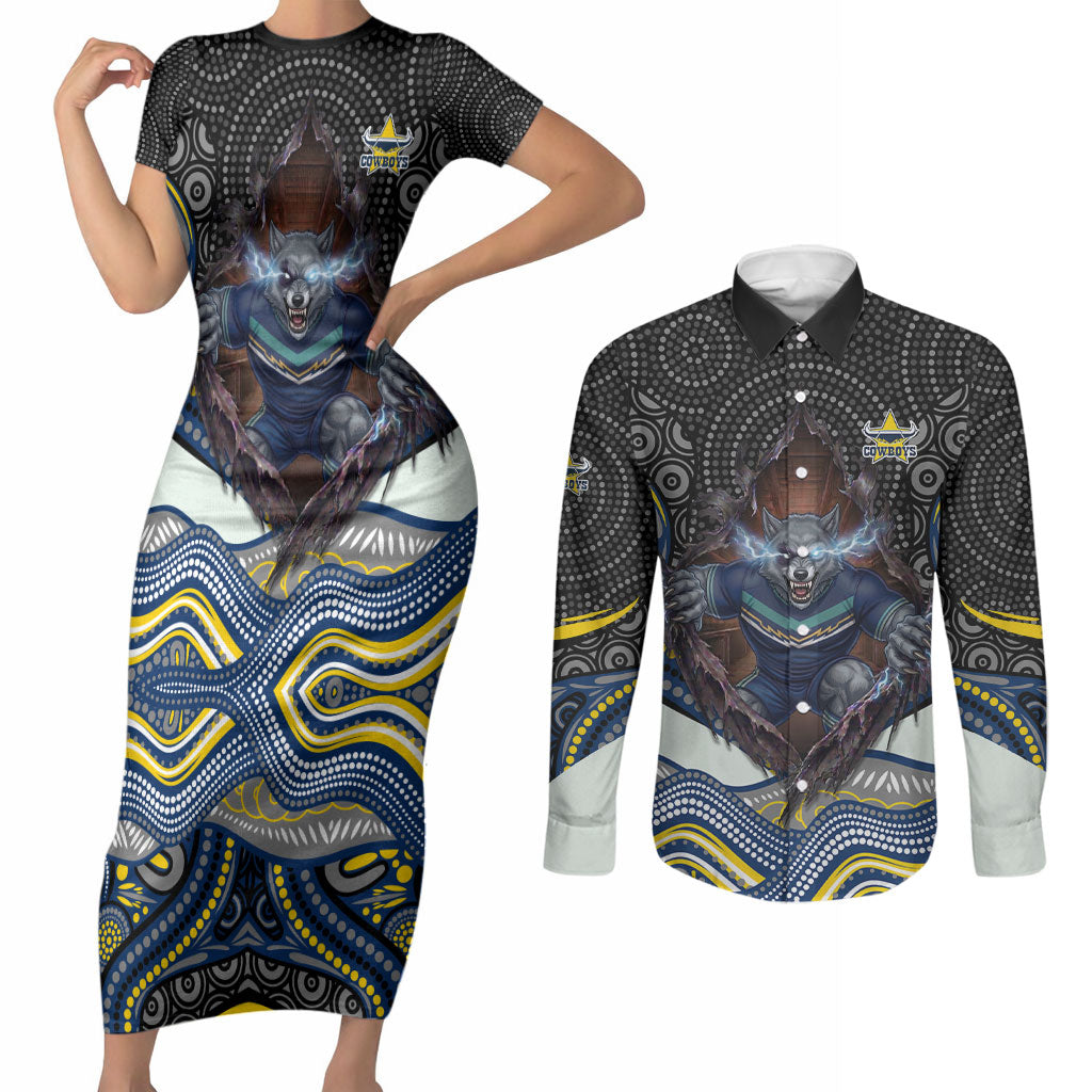 North Queensland Cowboys Couples Matching Short Sleeve Bodycon Dress and Long Sleeve Button Shirt The Scream of Lightning Eyes - Indigenous Dot Ripping Effect