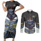 North Queensland Cowboys Couples Matching Short Sleeve Bodycon Dress and Long Sleeve Button Shirt The Scream of Lightning Eyes - Indigenous Dot Ripping Effect