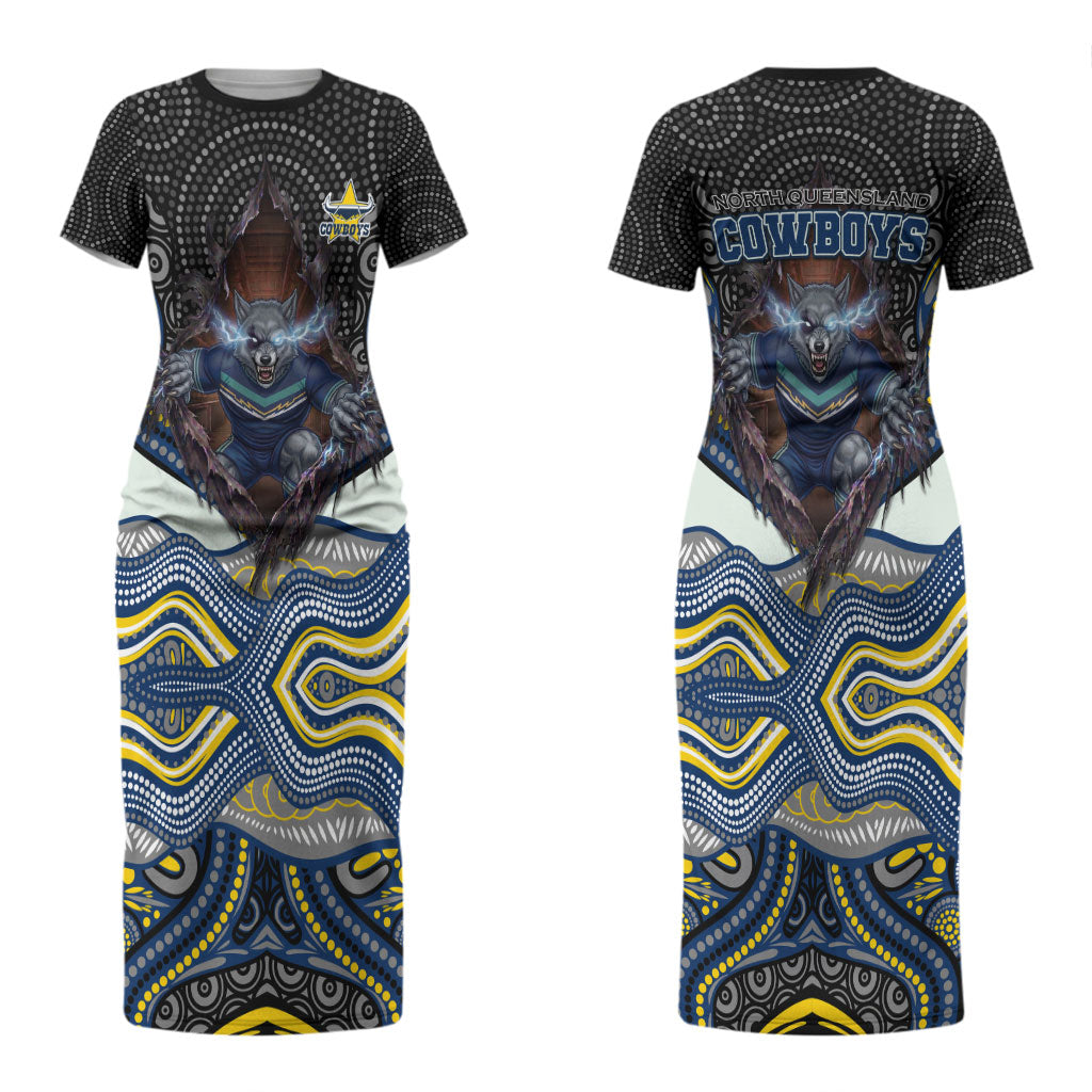 North Queensland Cowboys Couples Matching Short Sleeve Bodycon Dress and Long Sleeve Button Shirt The Scream of Lightning Eyes - Indigenous Dot Ripping Effect