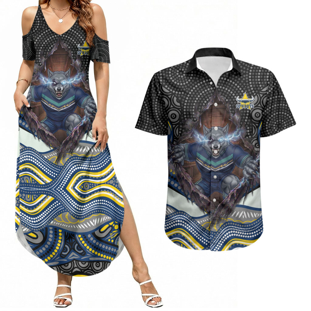 North Queensland Cowboys Couples Matching Summer Maxi Dress and Hawaiian Shirt The Scream of Lightning Eyes - Indigenous Dot Ripping Effect