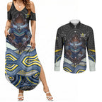 North Queensland Cowboys Couples Matching Summer Maxi Dress and Long Sleeve Button Shirt The Scream of Lightning Eyes - Indigenous Dot Ripping Effect