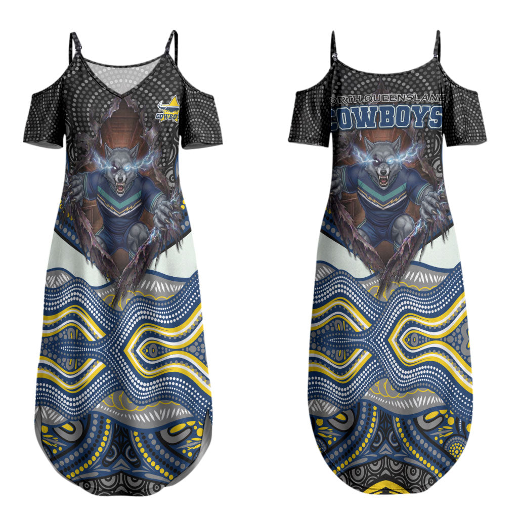 North Queensland Cowboys Couples Matching Summer Maxi Dress and Long Sleeve Button Shirt The Scream of Lightning Eyes - Indigenous Dot Ripping Effect