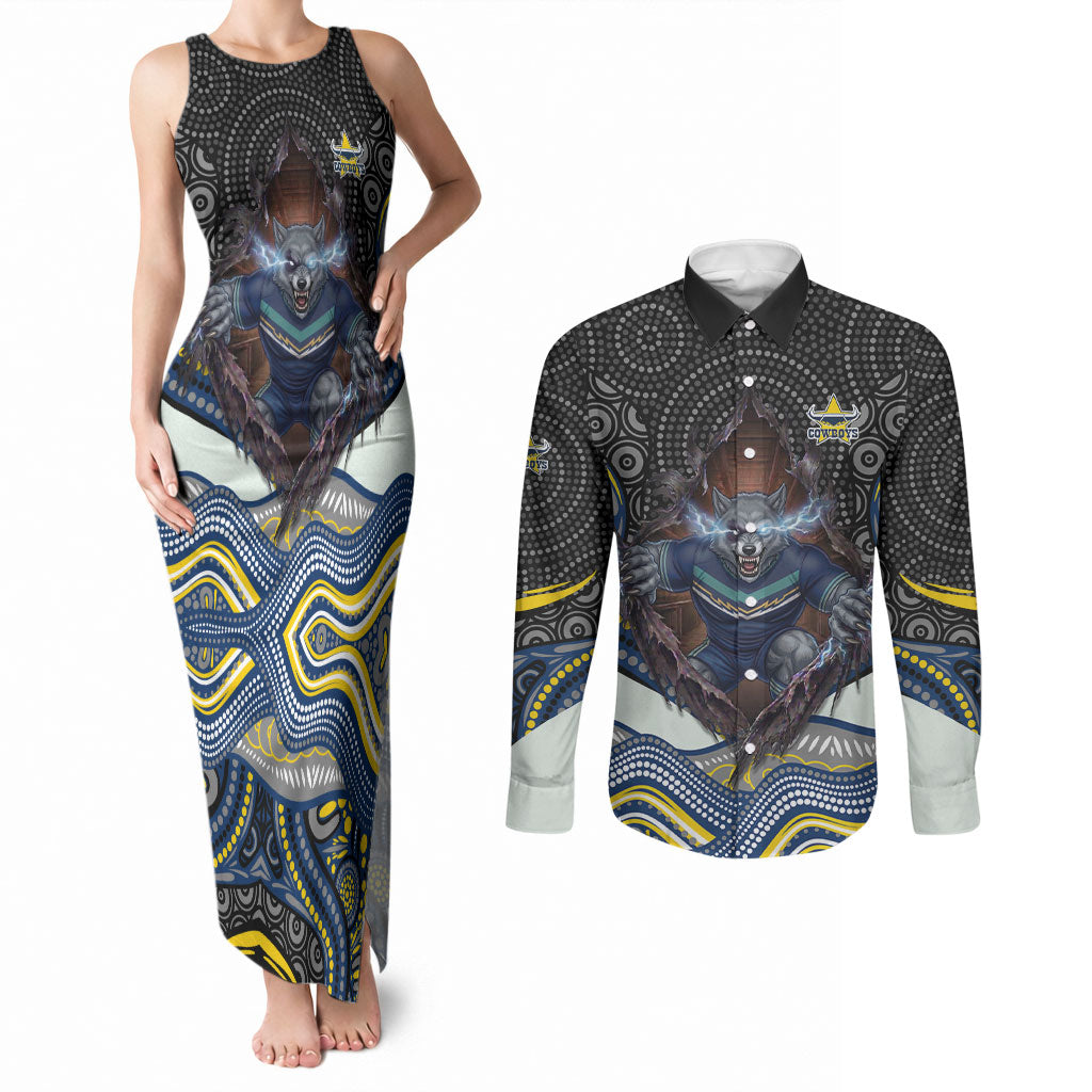 North Queensland Cowboys Couples Matching Tank Maxi Dress and Long Sleeve Button Shirt The Scream of Lightning Eyes - Indigenous Dot Ripping Effect