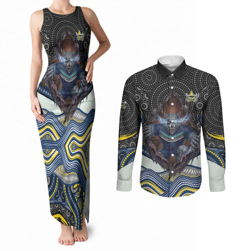 North Queensland Cowboys Couples Matching Tank Maxi Dress and Long Sleeve Button Shirt The Scream of Lightning Eyes - Indigenous Dot Ripping Effect
