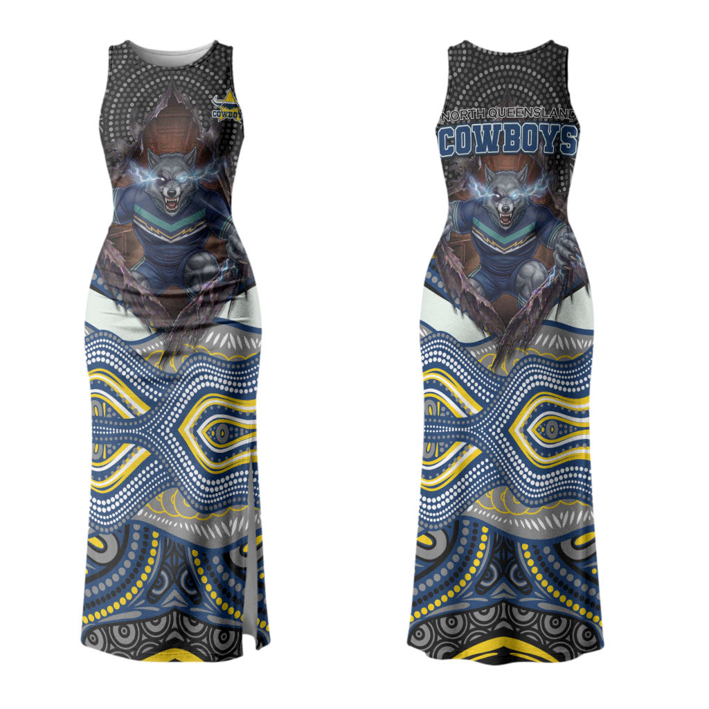 North Queensland Cowboys Couples Matching Tank Maxi Dress and Long Sleeve Button Shirt The Scream of Lightning Eyes - Indigenous Dot Ripping Effect