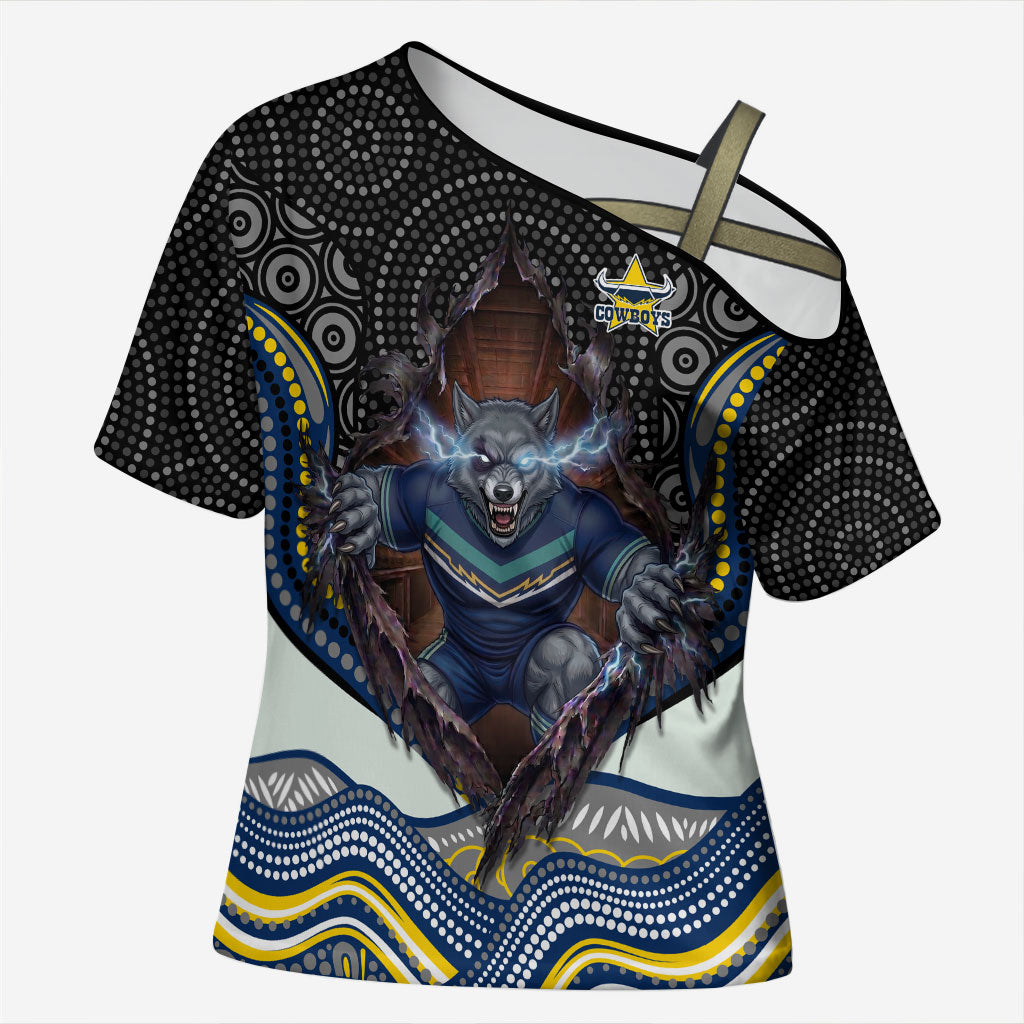 North Queensland Cowboys Cross Shoulder Shirt The Scream of Lightning Eyes - Indigenous Dot Ripping Effect