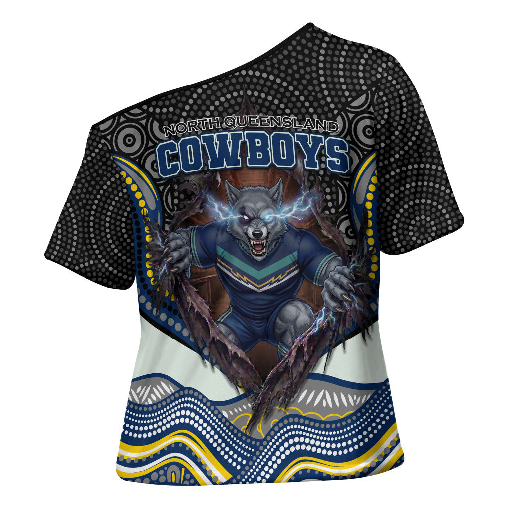 North Queensland Cowboys Cross Shoulder Shirt The Scream of Lightning Eyes - Indigenous Dot Ripping Effect