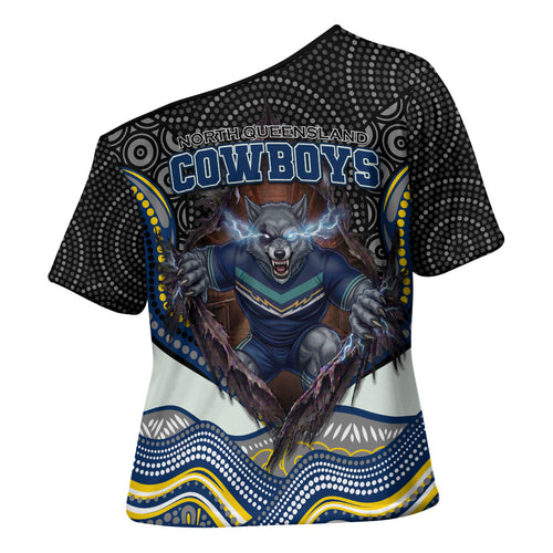 North Queensland Cowboys Cross Shoulder Shirt The Scream of Lightning Eyes - Indigenous Dot Ripping Effect